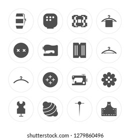 16 Spool, Arras, Teddy bear, Mannequin, Button, Material, Hanger, Material modern icons on round shapes, vector illustration, eps10, trendy icon set.