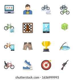 16 sport flat icons set isolated on white background. Icons set with online casino, winner, Bike tour, Bike rental map, Chess, Bike rental app, Smart shorts, station icons.