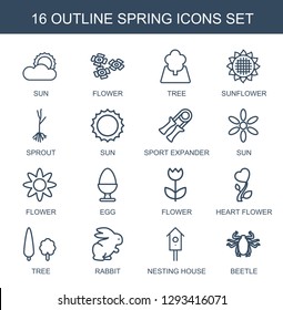 16 spring icons. Trendy spring icons white background. Included outline icons such as sun, flower, tree, sunflower, sprout, sport expander, egg. spring icon for web and mobile.