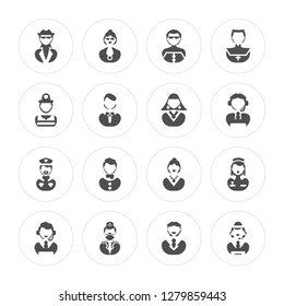 16 Spy, Teacher, Captain, Telemarketer, Nurse, Firefighter, Policeman, Woman modern icons on round shapes, vector illustration, eps10, trendy icon set.