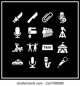 16 stand vector icon set with taxi, paperclip, mixer and microphone icons for mobile and web