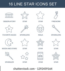16 star icons. Trendy star icons white background. Included line icons such as observatory, firework, favorite music, sparklers, ninja, moon and stars. star icon for web and mobile.