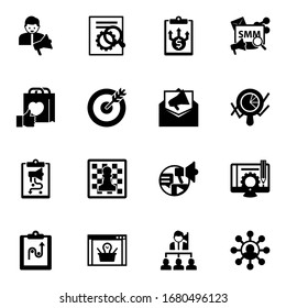 16 strategy filled icons set isolated on white background. Icons set with social media specialist, SEO optimization, Business Planning, Brand engagement, goal, Mail marketing icons.