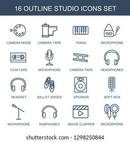 16 studio icons. Trendy studio icons white background. Included outline icons such as camera mode, camera tape, piano, microphone, film tape, headphones. studio icon for web and mobile.