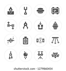 16 Submerge, Sound fork, Apple, Pulley, Momentum, Gravity, Magnet, Circuit, Magnet modern icons on round shapes, vector illustration, eps10, trendy icon set.
