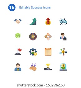 16 Success Flat Icons Set Isolated On . Icons Set With Partnership, Growth, Level Up, Dice, Roulette, Start-up Team, Attainment, Skill, Bingo, Winner, Brain Storm, Competition Icons.