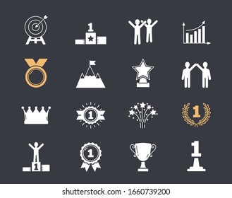 16 Success icons on dark background, first place, leader, champion icons, vector eps10 illustration