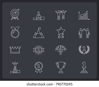 16 Success line icons, leader, champion concept, dark background, vector eps10 illustration