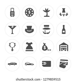 16 Suitcase, Chip, Car, Limousine, Garage, Payment method, Cocktail, Necklace, Top hat modern icons on round shapes, vector illustration, eps10, trendy icon set.