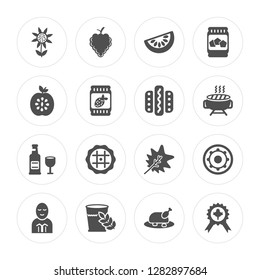 16 Sunflower, Grapes, Glass of water, Prayer, Sun, Emblem, Apples, Wine, Hot dog modern icons on round shapes, vector illustration, eps10, trendy icon set.