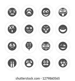 16 Suspicious, Sad, Surprised, Crying, Wink, Whistle, Dead, Girl modern icons on round shapes, vector illustration, eps10, trendy icon set.