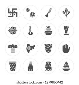 16 Swastica, Flowers, Temple, Tablas, Karma, Laddu, Dharma, Kalasha modern icons on round shapes, vector illustration, eps10, trendy icon set.