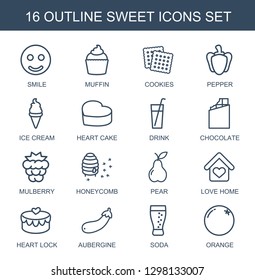16 sweet icons. Trendy sweet icons white background. Included outline icons such as smile, muffin, cookies, pepper, ice cream, heart cake, drink. sweet icon for web and mobile.