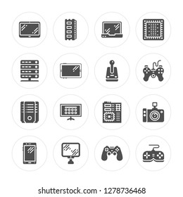 16 Tablet, Ram Memory, Personal Computer, Smartphone, Photo camera, Game controller, Server, Servers, Joystick modern icons on round shapes, vector illustration, eps10, trendy icon set.