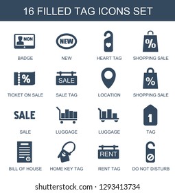 16 tag icons. Trendy tag icons white background. Included filled icons such as badge, new, heart tag, shopping sale, ticket on sale, sale location. icon for web and mobile.