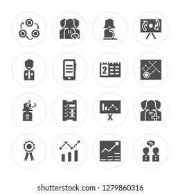 16 Teamwork, Discussion, Analysis, Award, Customer, Collaboration, Businessman, Question, Calendar modern icons on round shapes, vector illustration, eps10, trendy icon set.