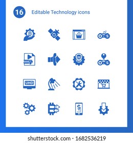 16 iconos rellenos de tecnología establecidos aislados en . Conjuntos de iconos con la industria de la tecnología financiera, satélite, soluciones de comercio electrónico, Video Compression, Call To Action, proceso creativo, iconos de transmisión de 4K.