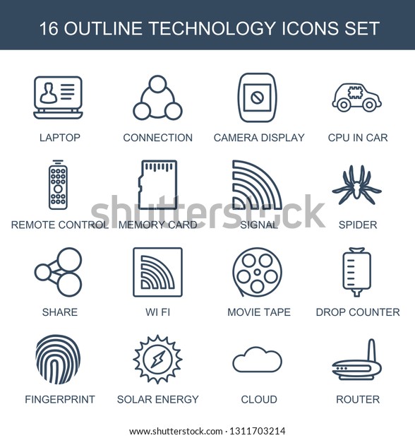 16\
technology icons. Trendy technology icons white background.\
Included outline icons such as laptop, connection, camera display,\
CPU in car. technology icon for web and\
mobile.