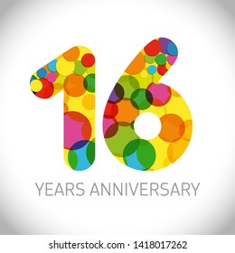 16 th anniversary numbers. 16 years old multicolored logotype. Age congrats, congratulation art idea. Isolated abstract graphic design template. Coloured digits up to -16% percent off discount. 