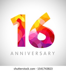 16 th anniversary numbers. 16 years old yellow coloured logotype. Age congrats, congratulation idea. Isolated abstract graphic web design template. Creative 6, 1 digits. Up to 16% percent off discount