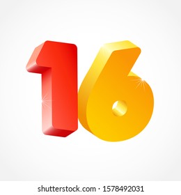 16 th anniversary numbers. 16 years old coloured logotype. Age congrats, congratulation idea. Isolated abstract graphic design template. Creative 1, 6 3D digits. Up to 16%, -16% percent off discount.