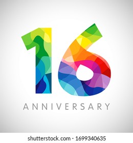 16 th anniversary numbers. 16 years old logotype. Bright congrats. Isolated abstract graphic web design template. Creative 1, 6 3D digits. Up to 16%, -16% percent off discount. Congratulation concept.