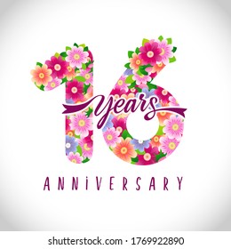 16 th anniversary numbers. 16 years old logotype. Floral pink congrats. Isolated abstract graphic design template. Cute creative holiday age digits, ribbon font. Up to 16%, -16% percent off discount.