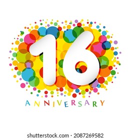 16 th anniversary numbers. 16 years old coloured congrats. Cute congratulation concept. Isolated abstract graphic design template. 3 D art white digits. Up to 16% off discount idea. Decorative bg.