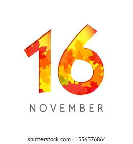 16 th of November calendar numbers. 16 years old autumn logotype. Anniversary digits with leaves. Isolated abstract graphic design template. White background. Up to 16% percent off creative discount.