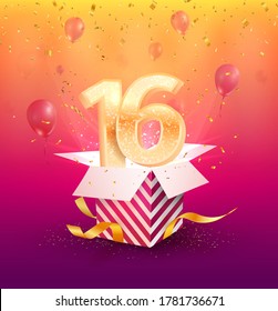 16 th years anniversary vector design element. Isolated sixteen years jubilee with gift box, balloons and confetti on a bright background. 