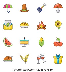16 Thanksgiving Flat Outline Icons 

