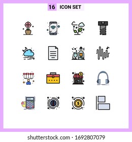 16 Thematic Vector Flat Color Filled Lines and Editable Symbols of document; rain; trees; cloud; nut Editable Creative Vector Design Elements