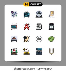16 Thematic Vector Flat Color Filled Lines and Editable Symbols of electronic; component; camera; birthday; solution Editable Creative Vector Design Elements