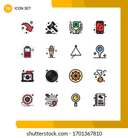 16 Thematic Vector Flat Color Filled Lines and Editable Symbols of ice cream; charge; branding; battery; mobile Editable Creative Vector Design Elements