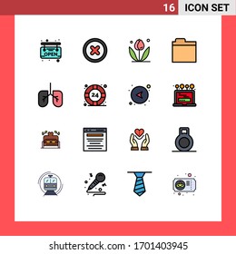 16 Líneas llenas de color plano vectorial y símbolos de apoyo editables; ayuda; naturaleza; pulmones; elementos de diseño de vectores creativos editables de almacenamiento de información