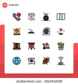 16 Thematic Vector Flat Color Filled Lines and Editable Symbols of aim; sweet; love; pan cake; map Editable Creative Vector Design Elements