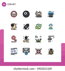 16 Thematic Vector Flat Color Filled Lines and Editable Symbols of processing; user; manufacturing; web; internet Editable Creative Vector Design Elements