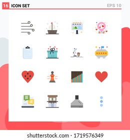 16 Thematische Vektorflatfarben und redaktionelle Symbole der Medizin; Pin; Schiff; Liebe; Paket mit Reklametafeln für kreative Vektordesign-Elemente