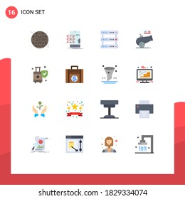 16 Colores planos vectoriales temáticos y símbolos editables del equipaje; mortero; base de datos; obturador; paquete editable de arma grande con elementos de diseño de vectores creativos