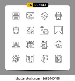 16 Thematic Vector Outlines and Editable Symbols of motivation; shield; gear; location; camping Editable Vector Design Elements