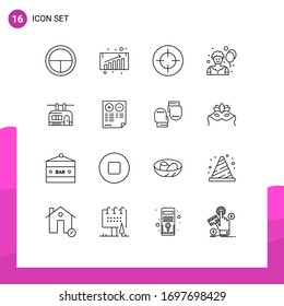 16 Thematic Vector Outlines and Editable Symbols of travel; tramway; focus; chair lift; clown Editable Vector Design Elements