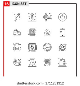 16 thematische Vektorillustration - Umrisse und redaktionelle Symbole des Ladens; Handtasche; Sänger; Beutel; Bearbeitbare Design-Elemente für Vektorillustrationen