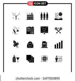 16 thematische Vektorillustrationen, feste Glyphen und redaktionelle Blumensymbole; Entwicklung; Kugel Entwicklung; Design-Elemente für fehlerhafte Bearbeitungen von Vektorillustrationen
