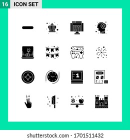 16 Thematic Vector Solid Glyphs and Editable Symbols of laptop; mind; application; human; head Editable Vector Design Elements