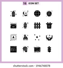 16 Thematic Vector Solid Glyphs and Editable Symbols of calendar; vegetable; earth; health; apple Editable Vector Design Elements