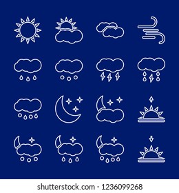 16 thin line weather icons set on blue background. Vector illustration.