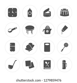 16 Timer, Sauces, Napkin, Ladle, Skimmer, Bottle, Scoop, Fridge, Squeezer modern icons on round shapes, vector illustration, eps10, trendy icon set.