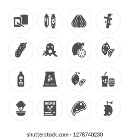 16 Toast, Salami, Menu, Oyster, Fast food, Apple, Pickle, Gin, Lemon modern icons on round shapes, vector illustration, eps10, trendy icon set.