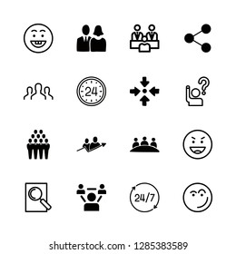 16 togetherness icons with hours and group and arrow in this set