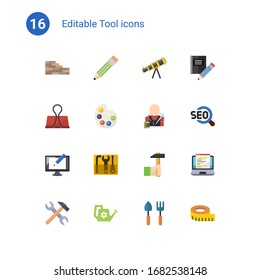 16 tool flat icons set isolated on . Icons set with brickwork, Pencil, telescope, Binder clip, Artists palette, tailor, Digital illustration, repair kit, Handicraft, tools icons.